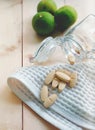 Vitamins and supplements in the bottle on wooden table Royalty Free Stock Photo