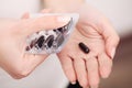 Vitamins And Supplements. Closeup Of Woman Hands Holding Variety Of Colorful Vitamin Pills. Close-up Handful Of Medication, Medici Royalty Free Stock Photo