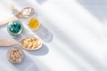 Vitamins, supplements, healthy life concept. Flat lay, copy space Royalty Free Stock Photo