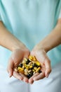 Vitamins And Supplements. Woman Hands Full Of Medication Pills Royalty Free Stock Photo