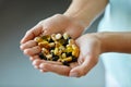 Vitamins And Supplements. Woman Hands Full Of Medication Pills