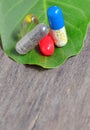 Vitamins, tablets and pills on green leaf