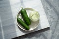 Vitamins and trace elements in yoghurt cream with cucumbers with green peas Royalty Free Stock Photo