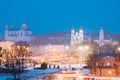 Vitebsk, Belarus. Evening Night View Cityscape With Famous Landmarks