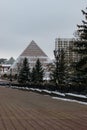 Vitebsk, Belarus - February 2022: Winter cityscape. View of the pyramid buildings, Gogol street