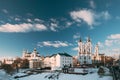 Vitebsk, Belarus. Holy Assumption Cathedral, Holy Resurrection Church And City Hall In Winter Evening. Famous Historic