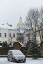 Vitebsk, Belarus, January 5, 2024. Car in the courtyard in the old town in winter.