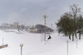 Vitebsk, Belarus, January 5, 2024. Foggy view of the city amphitheater on a snowy day.