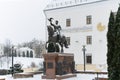 Vitebsk, Belarus, January 5, 2024. Statue of Prince Olgerd on a horse on the square in winter.