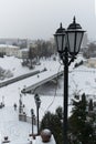 Vitebsk, Belarus, January 5, 2024. View of the bridge and the city from the stairs on the hill.