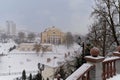 Vitebsk, Belarus, January 5, 2024. View of the National Theater from the granite staircase.