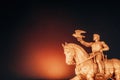 Vitebsk, Belarus. Monument To Algirdas With Falcon In Hand On Background Starry Sky