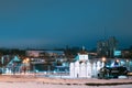 Vitebsk, Belarus. Winter View Of Church Of Annunciation And Wooden Church Of St. Alexander Nevsky In Night Illuminations