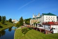 Vitebsk skyline with Resurrection church, town hall and buildings on the side of Vitba river