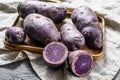 Vitelotte raw potato on a chopping Board. Gray background. Top view Royalty Free Stock Photo