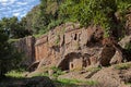 Viterbo, Lazio, Italy: Etruscan necropolis of Castel d`Asso, the facade and the entrance of the ancient tombs carved in the rock