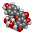 Vitexin passion flower molecule. 3D rendering. Atoms are represented as spheres with conventional color coding: hydrogen white,