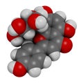 Vitexin passion flower molecule. 3D rendering. Atoms are represented as spheres with conventional color coding: hydrogen white,