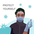 Vitiligo woman in mask with antiseptic spray