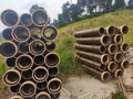 Vitrified clay pipe stacked at the construction site.