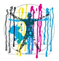 Vitruvian man with binary codes, Flowing Paint, CMYK colors.