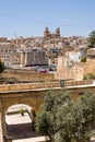 View of the fort bridge and in the background the Vittoriosa city and the bell towers of the cathedral, Malta