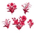 Viva Magenta! Floral Arrangements. Blooming Red and Pink meadow compositions - flowers leaves and hearts