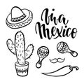 Viva Mexico. Hand drawn lettering phrase with doodle Mexican symbols isolated on background. Design element for poster, announceme