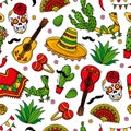 Viva Mexico seamless pattern with symbols of Mexican culture on a white background. Guitar, sombrero, maracas, cactus Royalty Free Stock Photo