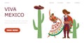 Viva Mexico website with people in folk costumes, flat vector illustration.