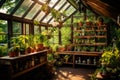 A vivacious greenhouse bursting with an array of plants and potted greenery, greenhouse with plants, indoor gardening, AI