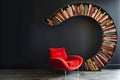 A vivacious wall filled with books, arranged in a rounded formation, with a red comfortable chair