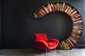 A vivacious wall filled with books, arranged in a rounded formation, with a red comfortable chair