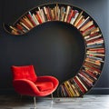 A vivacious wall filled with books, arranged in a rounded formation, with a red comfortable chair