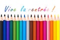 Vive la rentree (meaning Back to school) written on white background with colorful wooden pencils