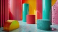 Vivid abstract art installation display with colorful geometric shapes