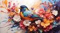Vivid Abstract Painting with Bird and Flowers