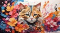 Vivid Abstract Painting with Cat and Flowers