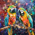 Colorful Abstract Art of Twin Parrots on Perch, Vibrant Expressionism Painting for Decor. Creative Avian Theme. AI Royalty Free Stock Photo