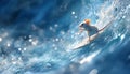 A vivid, actionpacked scene featuring a mouse surfing on a wave. The mouse is depicted in a dynamic pose, with its body Royalty Free Stock Photo