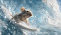 A vivid, actionpacked scene featuring a mouse surfing on a wave. The mouse is depicted in a dynamic pose, with its body Royalty Free Stock Photo