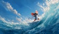 A vivid, actionpacked scene featuring a mouse surfing on a wave. The mouse is depicted in a dynamic pose, with its body Royalty Free Stock Photo