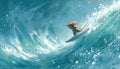 A vivid, actionpacked scene featuring a mouse surfing on a wave. The mouse is depicted in a dynamic pose, with its body Royalty Free Stock Photo