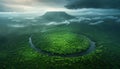 Vivid aerial farmland by river, digital matte painting of lush cultivated fields
