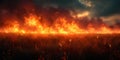 Dramatic fiery blaze engulfing the horizon at dusk. intense wildfire scene suitable for disaster awareness. realistic