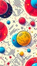 Vivid array of abstract planets and orbits in dynamic, geometric composition, invoking a sense of space and technology.