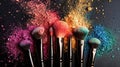 A vivid array of makeup powders and brushes on a dark background.
