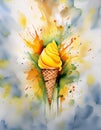 A vivid artwork featuring a yellow ice cream cone amid dynamic, colorful splashes
