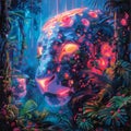 A vivid artwork showcasing a cybernetic leopard head amidst a dense neon lit jungle combining elements of wildlife with futuristic