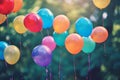 A vivid assortment of balloons fills the sky, soaring upwards with the gentle breeze, Helium-filled balloons floating at a garden